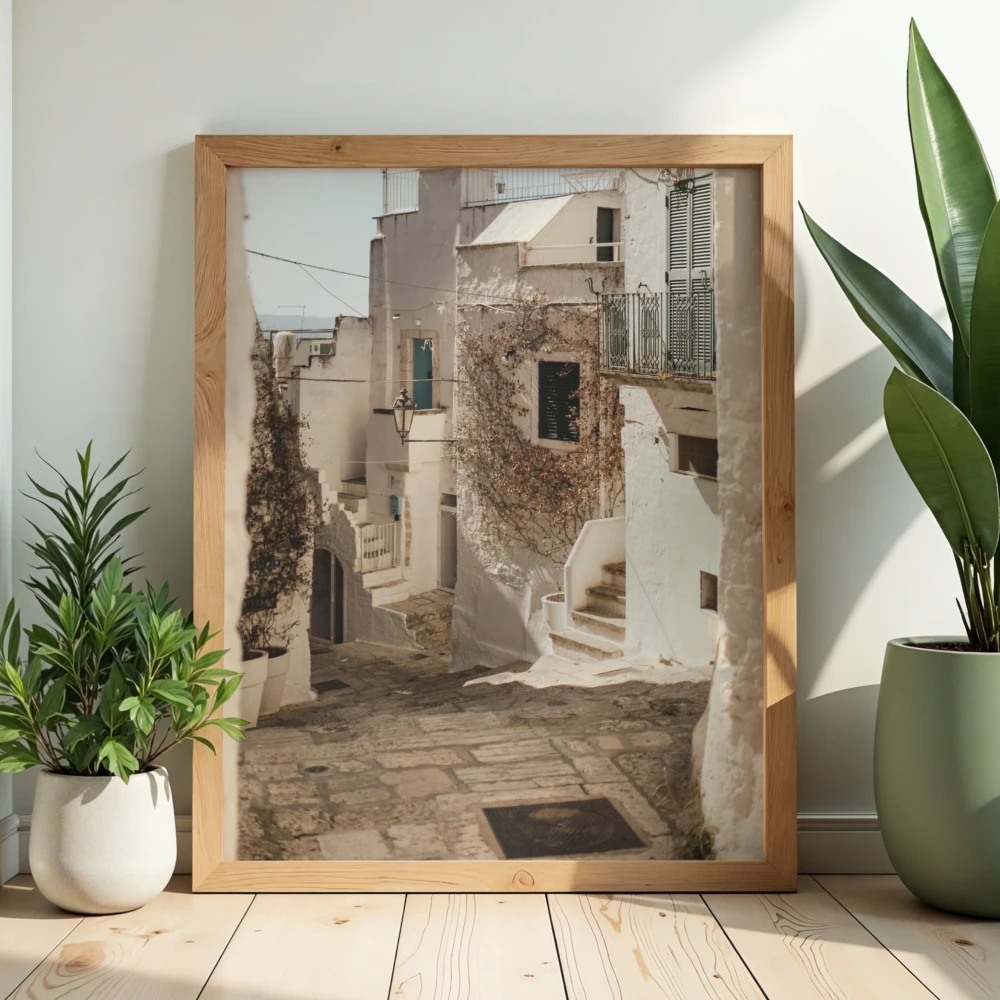 Podróżniczy poster z miasteczka Ostuni do dekoracji jasnego salonu lub biura