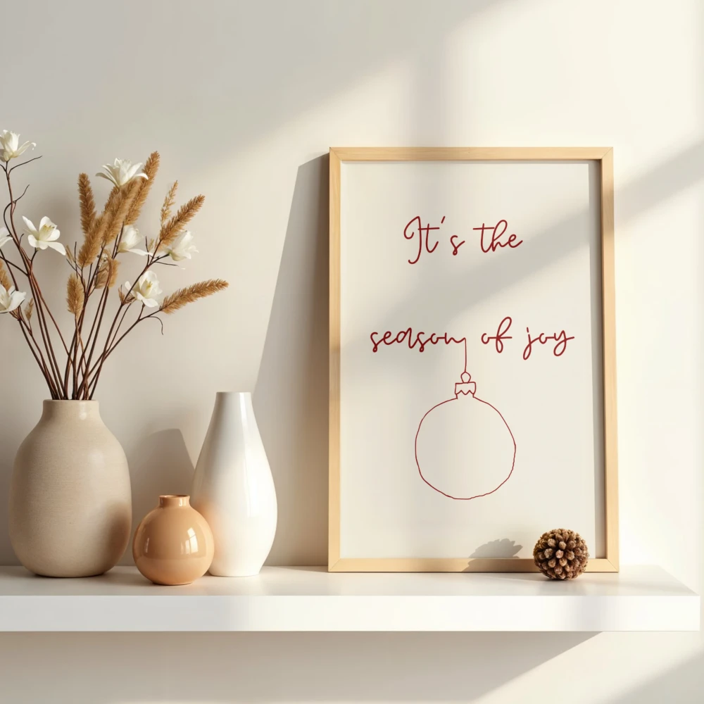 Beżowy plakat dekoracyjny na świąteczny okres z napisem Its the season of joy do salonu