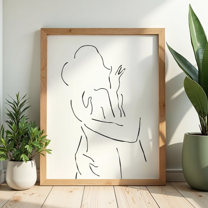 Plakat outline z całującą się parą do dekoracji sypialni