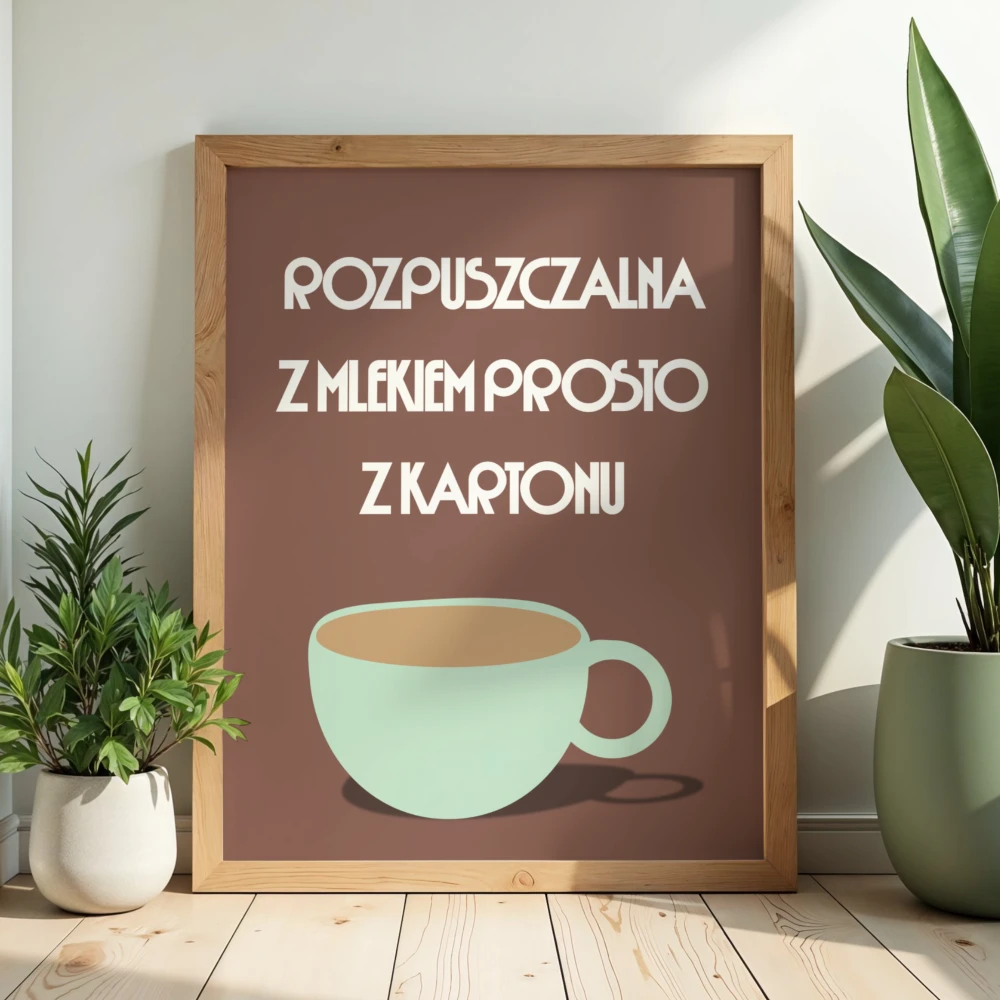 Czekoladowy modny plakat dla kawosza z zabawnym napisem o piciu rozpuszczalnej kawy