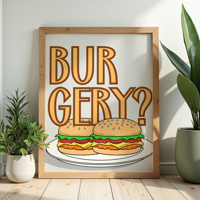 Dekoracyjny plakat z dwoma burgerami na talerzu do kuchni lub restauracji