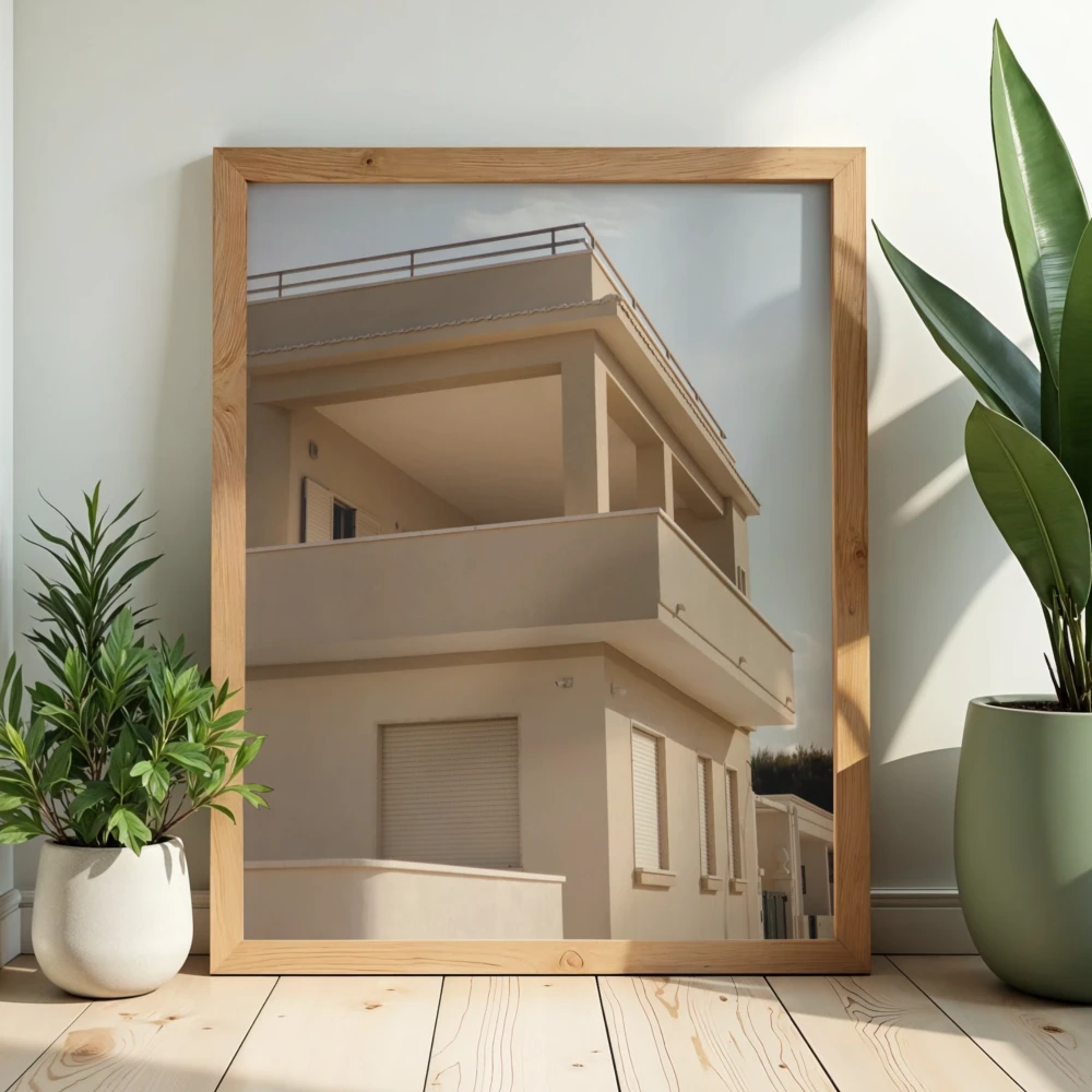 Podróżniczy plakat obrazujący beżową włoską architekturę. Nowoczesna dekoracja do biura lub salonu