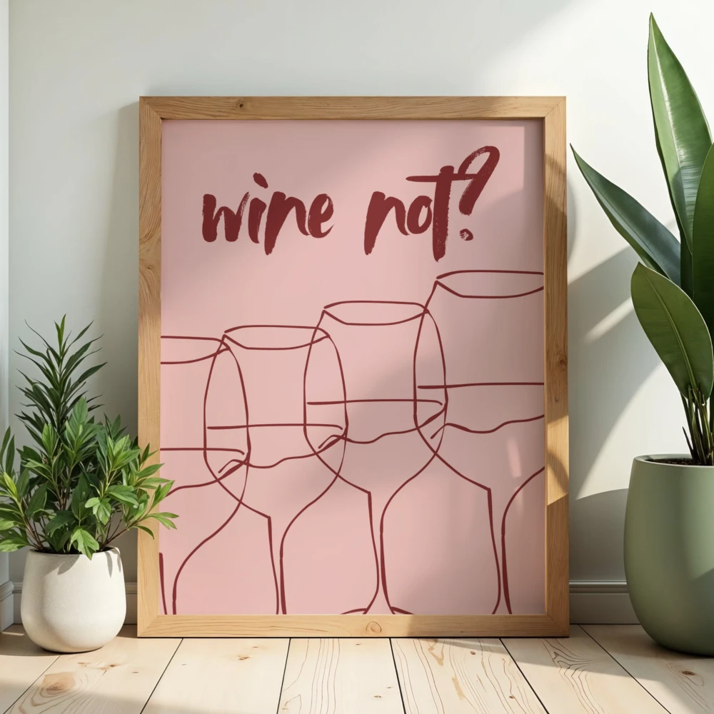 Nowoczesny plakat z napisem wine not i rysunkiem kieliszkow na rozowym tle