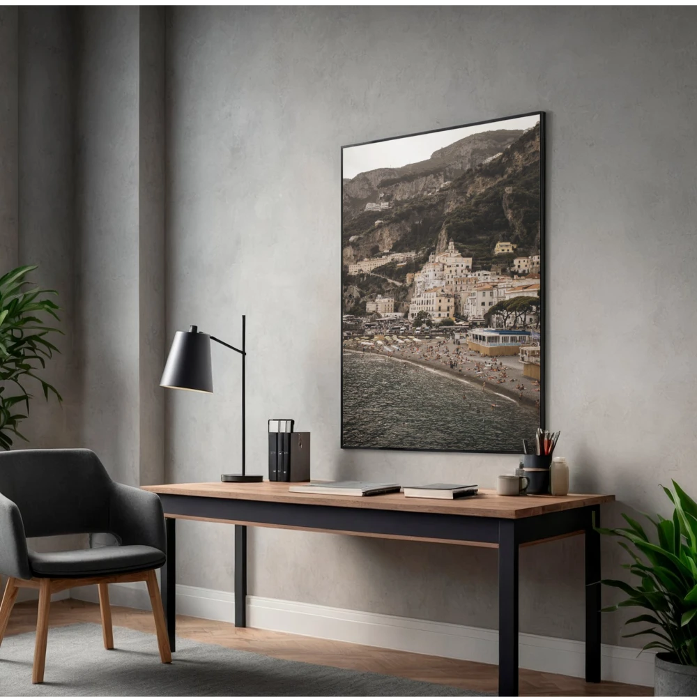 Dekoracyjny plakat z widokiem na popularną plażę w Amalfi