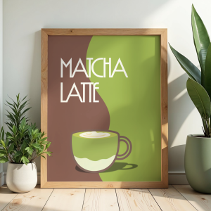 Czekoladowo zielony plakat z filiżanką matchy do kuchni lub jadalni