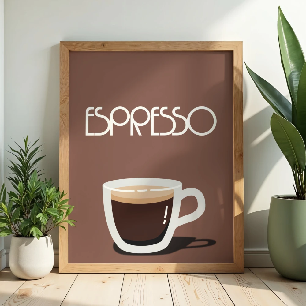 Czekoladowy plakat z filiżanką espresso do kuchni, kawiarni lub kawowego kącika