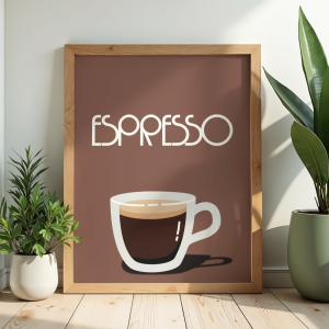 Czekoladowy plakat z filiżanką espresso do kuchni, kawiarni lub kawowego kącika