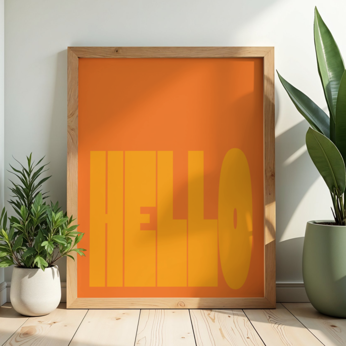 Energetyczny plakat powitalny z napisem Hello w pomarańczowym kolorze do dekoracji nowoczesnego przepokoju