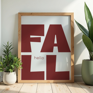 Jesienny plakat z napisem Hello fall w modnym połączeniu kolorów szarym i burgundowym do salonu i przedpokoju
