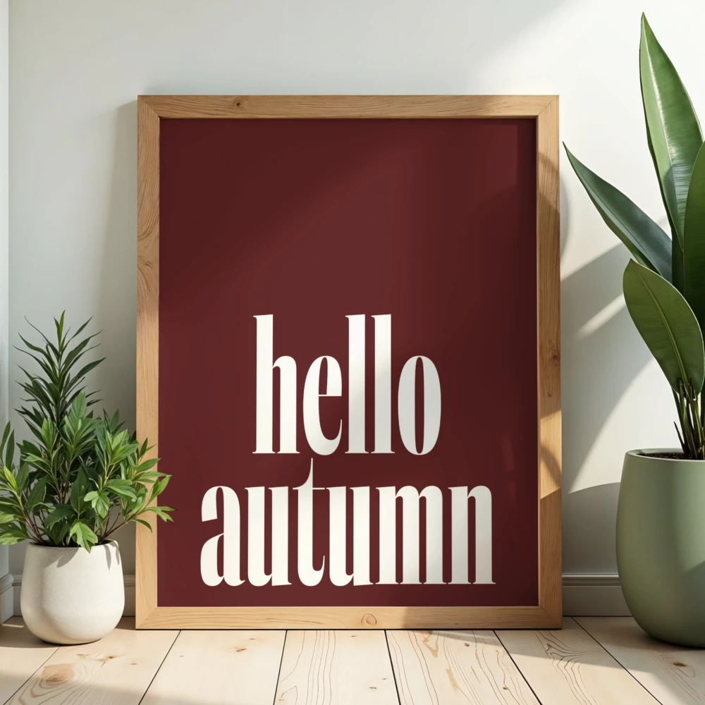 Burgundowy plakat z napisem Hello autumn do dekoracji salonu lub przedpokoju - stylowy dodatek na jesień