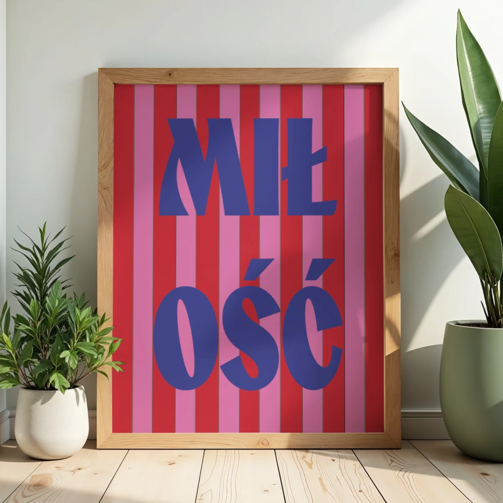 Dekoracyjny plakat w różowo-granatowe paski z napisem Miłość - nowoczesna dekoracja do salonu i sypialni