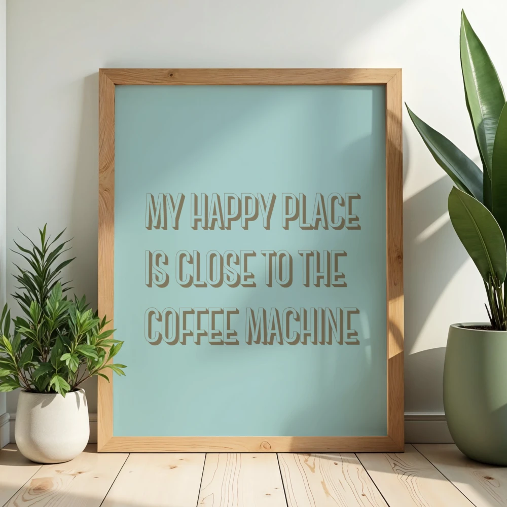 Typograficzny plakat dla kawosza z napisem My happy place is close to the coffee machine - stylowa dekoracja kuchenna