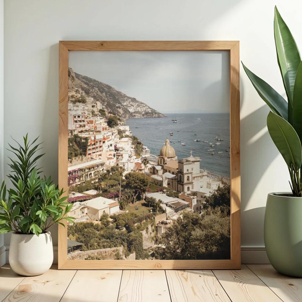 Podróżniczy plakat z włoskiej miejscowości Positano do dekoracji salonu, biura lub przedpokoju
