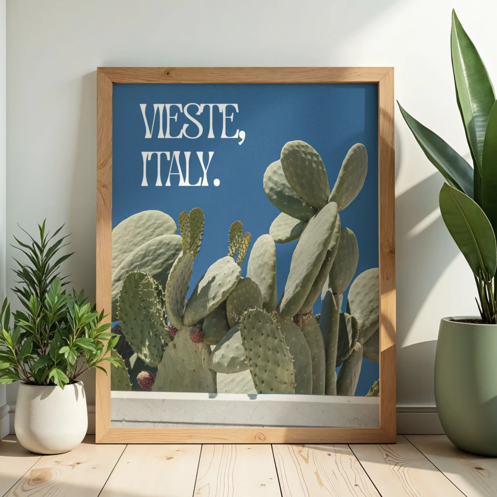 Botaniczny plakat z zielonymi kaktusami w donicy na tle błękitnego nieba - nowoczesny dodatek do salonu lub gabinetu beauty
