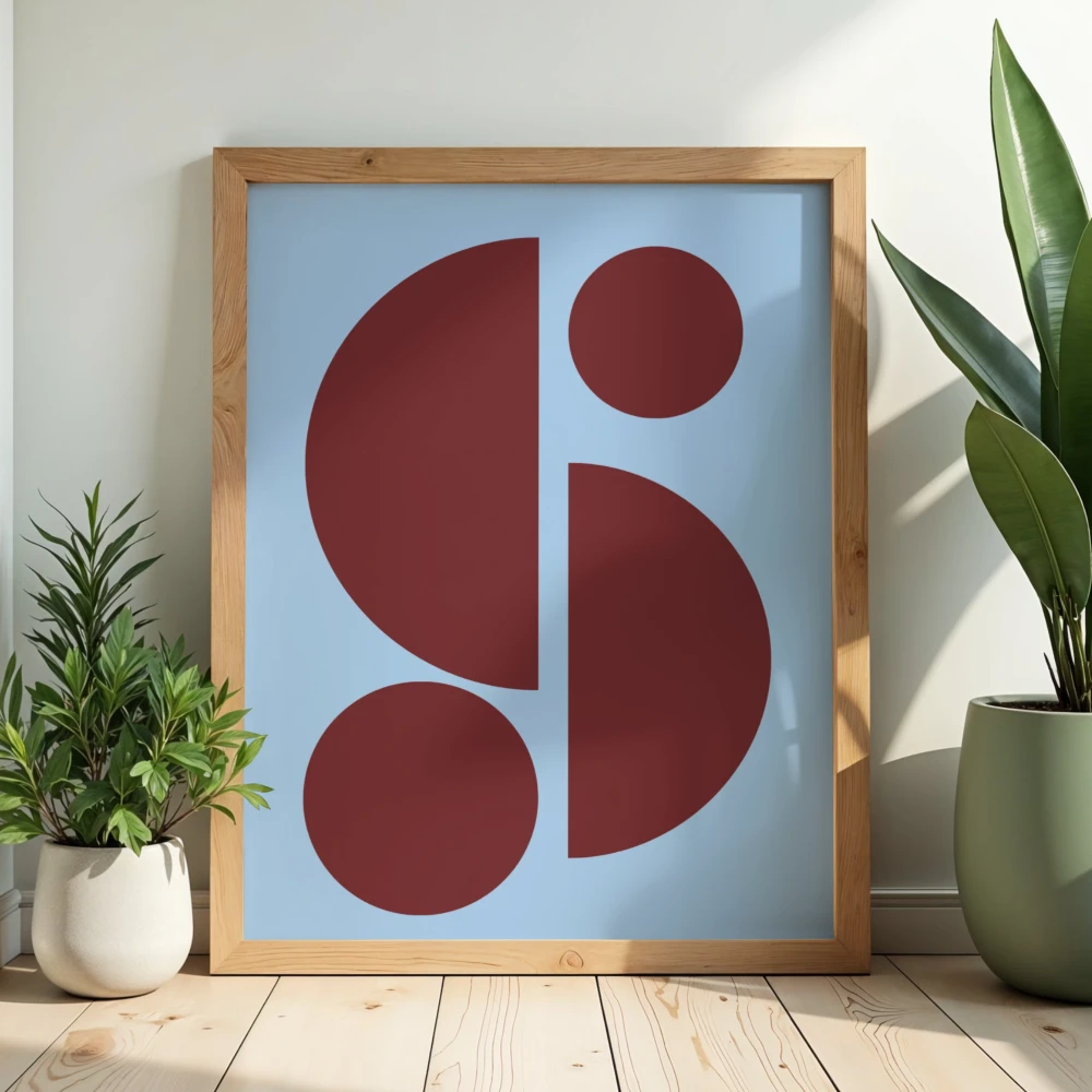 Geometryczny plakat z modnym połączeniem kolorów baby blue i burgundu