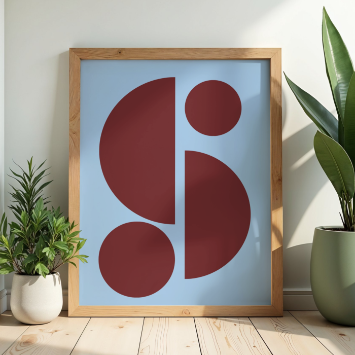 Geometryczny plakat z modnym połączeniem kolorów baby blue i burgundu