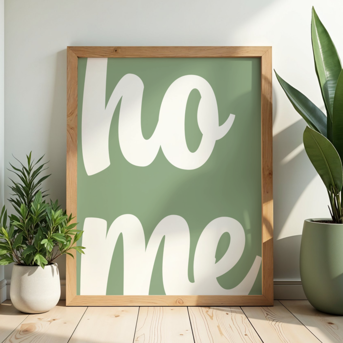 Typograficzny plakat z białym napisem Home na pastelowym zielonym tle
