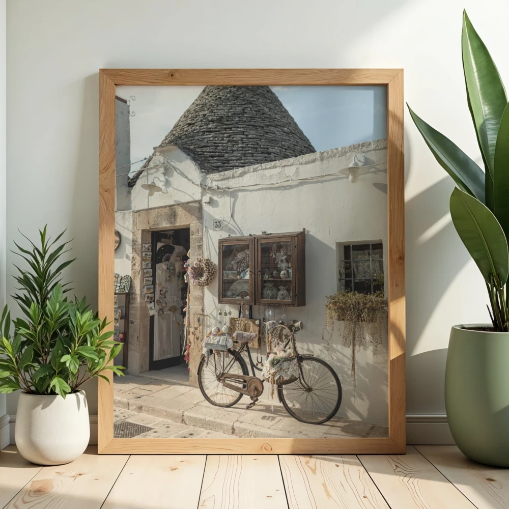 Dekoracyjny plakat z widokiem na mały włoski sklepik w Alberobello i stojący przy nim rower