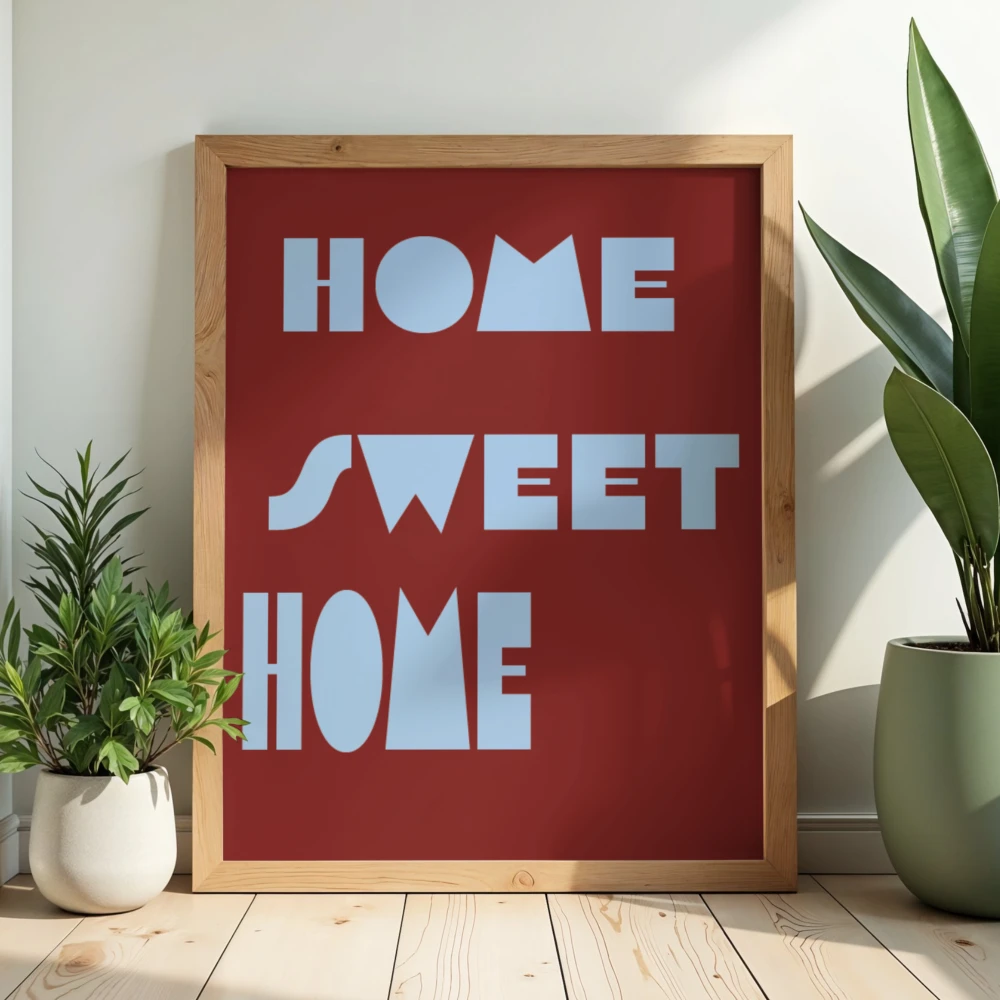 Plakat dekoracyjny z napisem Home sweet home w modnym połączeniu burgundu i błękitu