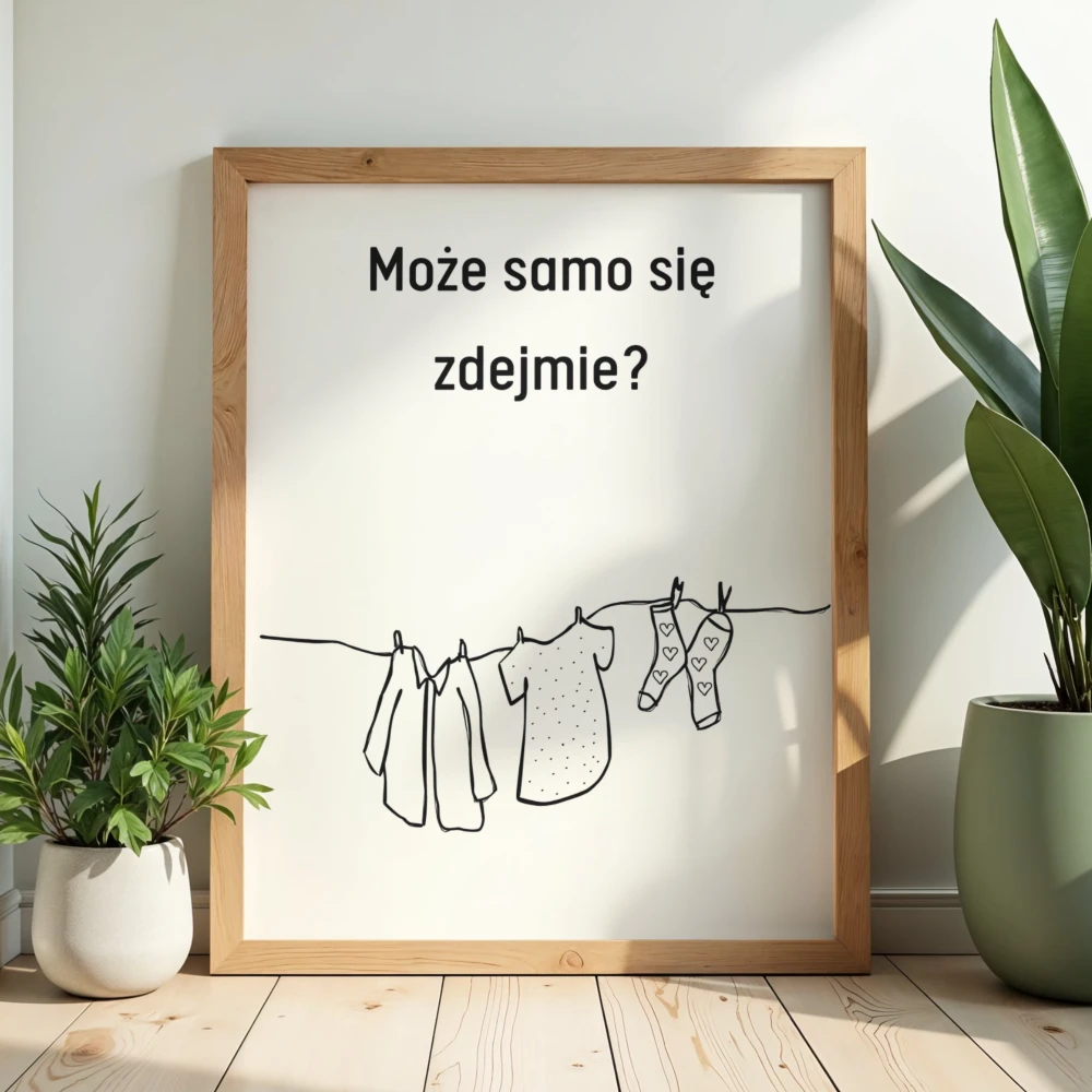 Zabawny plakat z napisem może samo się zdejmie i rysunkiem wiszącego prania do dekoracji łazienki