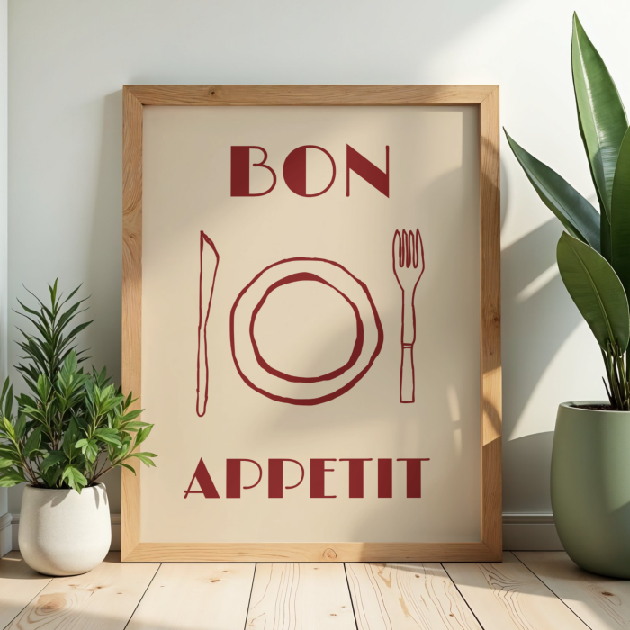 Dekoracyjny beżowy plakat z czerwonym napisem Bon appetit i rysunkiem zastawy stołowej