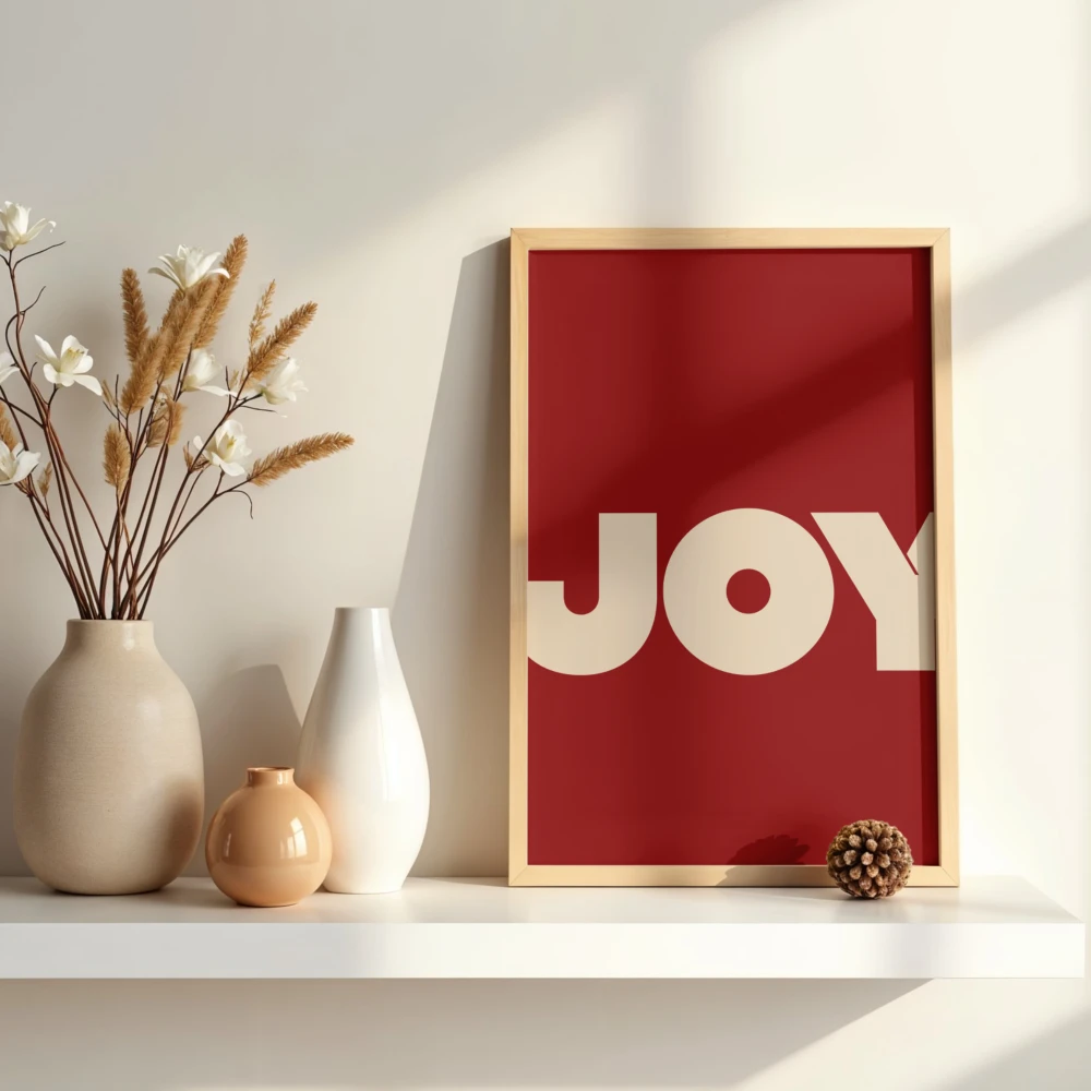 Czerwony plakat Joy do dekoracji salonu lub przedpokoju na święta