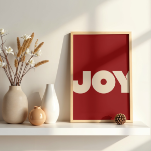 Czerwony plakat Joy do dekoracji salonu lub przedpokoju na święta