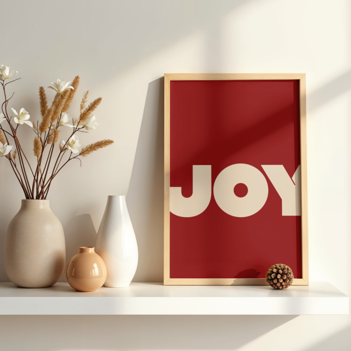 Czerwony plakat Joy do dekoracji salonu lub przedpokoju na święta