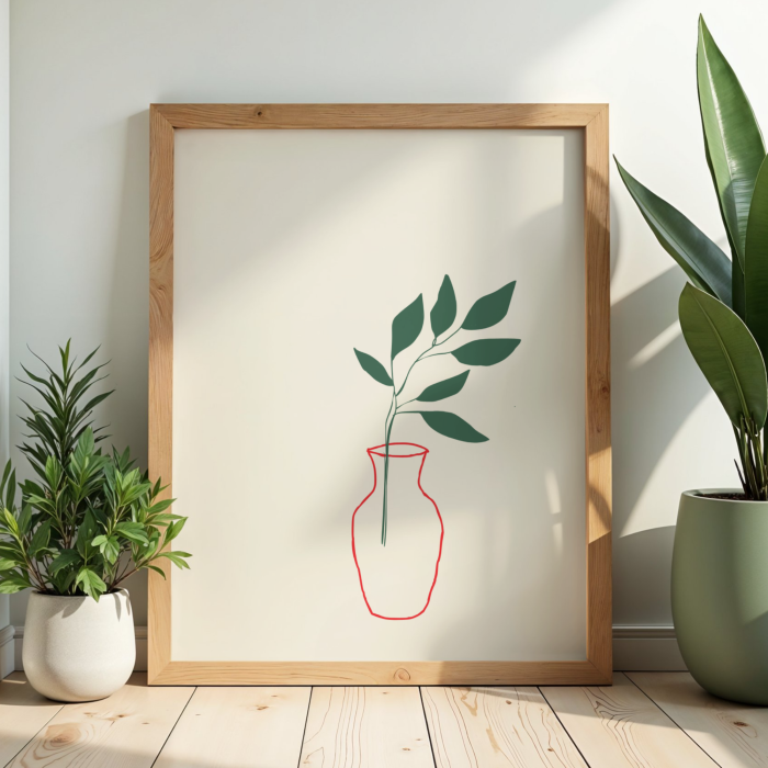 Dekoracyjny plakat z rysunkiem gałązki w wazonie - minimalistyczny dodatek do salonu
