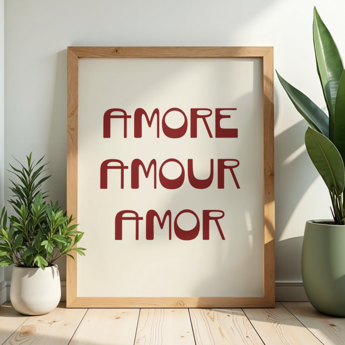 Typograficzny plakat z napisem Amore amour amor do dekoracji sypialni