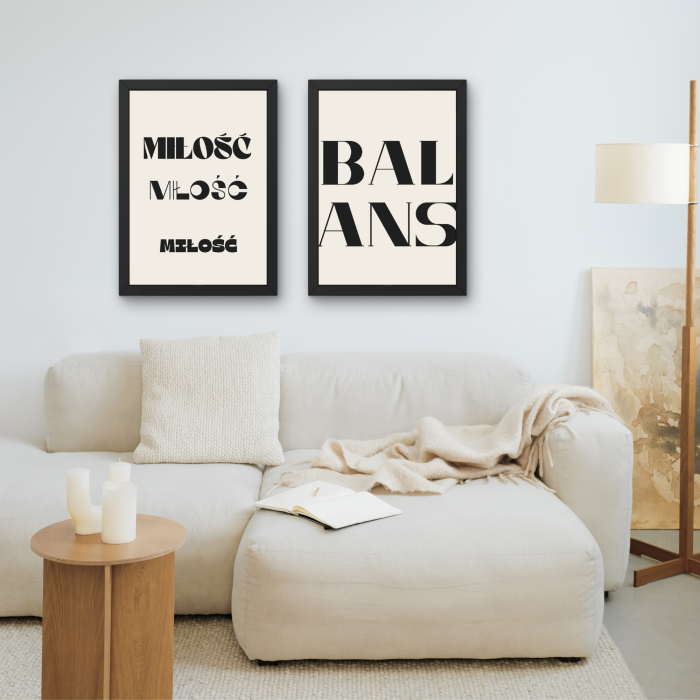 Typograficzne plakaty z napisami Miłość i Balans w dopasowany zestawie - nowoczesna dekoracja ścienna do salonu