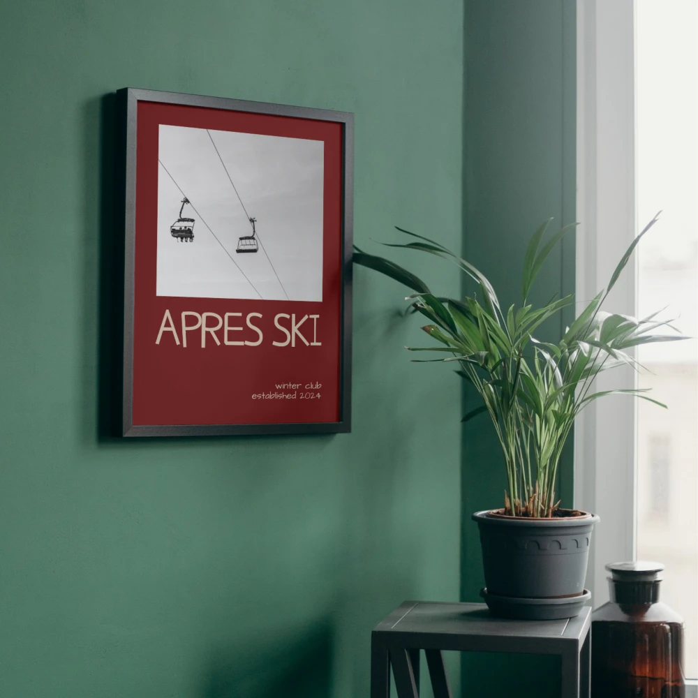 Autorski plakat apres ski w burgundzie oraz czerni i bieli w nowoczesnym stylu