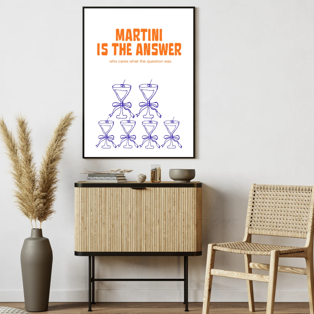 Rysunkowy plakat przestawiający kieliszki do martini i humorystyczny napis o piciu drinka