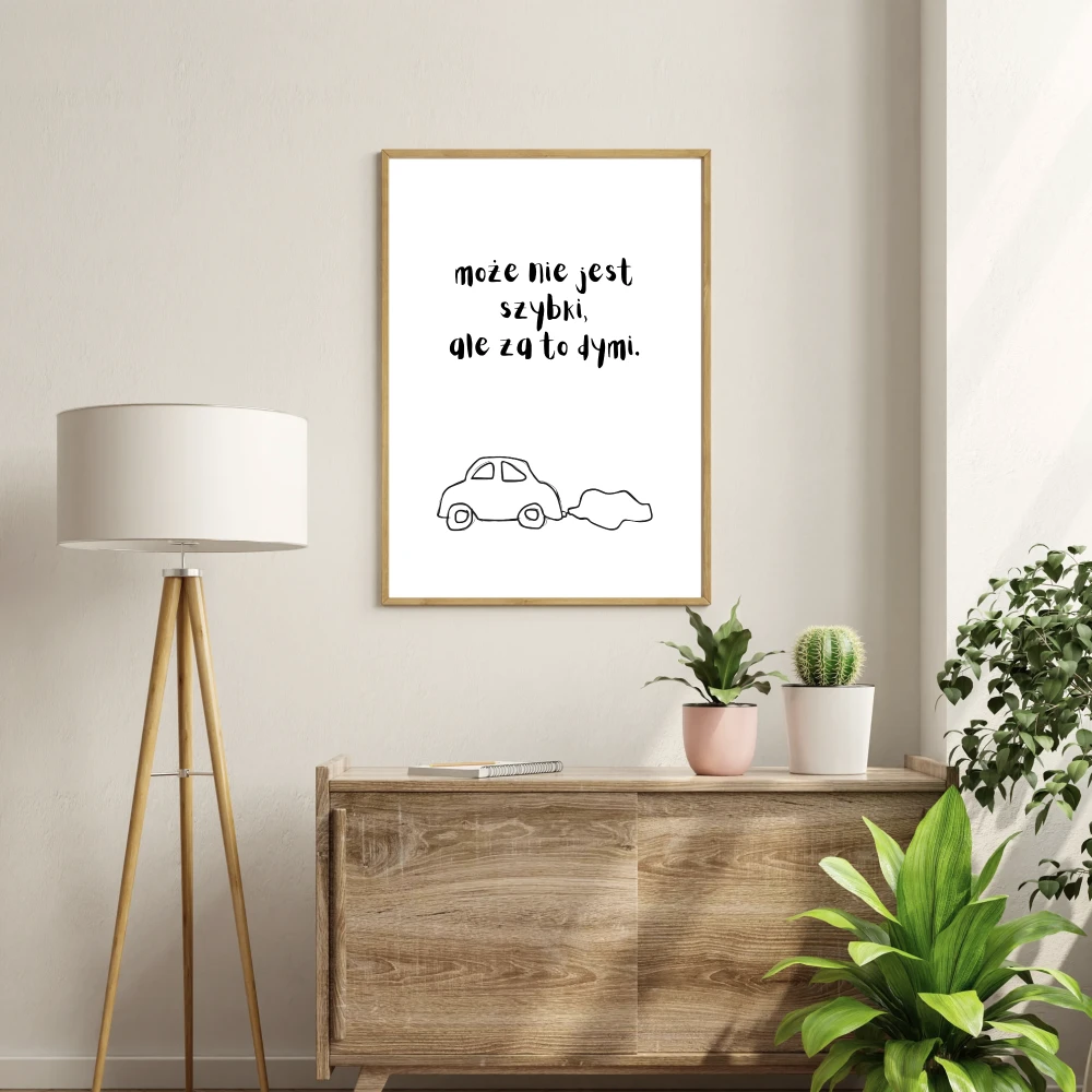 Minimalistyczny plakat ze śmiesznym napisem o aucie, które nie jest szybkie, ale z to dymi